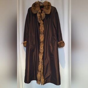 Gallery Chocolate Brown Trench/Rain Pennylane Coat with Faux Fur Trim Size XS